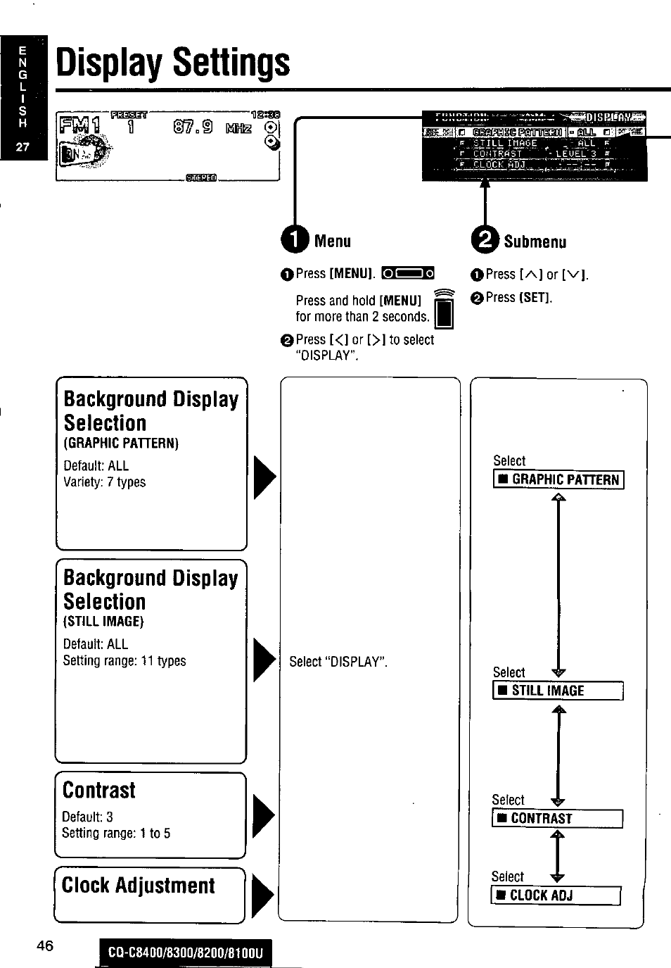 Menu, Display settings, Background display selection | Contrast, Or [v | Panasonic CQ-C8300U User Manual | Page 46 / 176