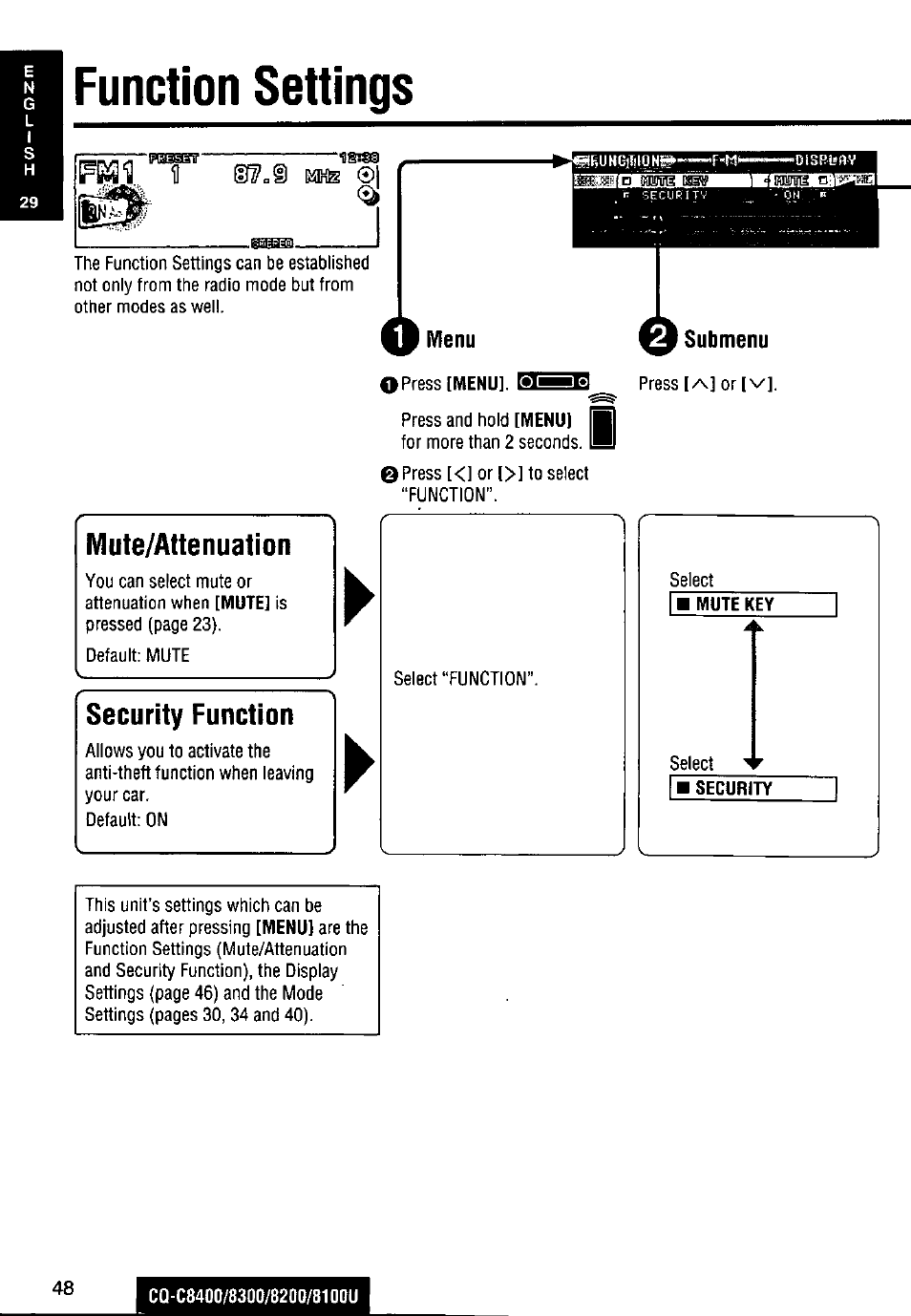 Mute/attenuation, Menu, Submenu | Security function, Function settings | Panasonic CQ-C8300U User Manual | Page 48 / 176