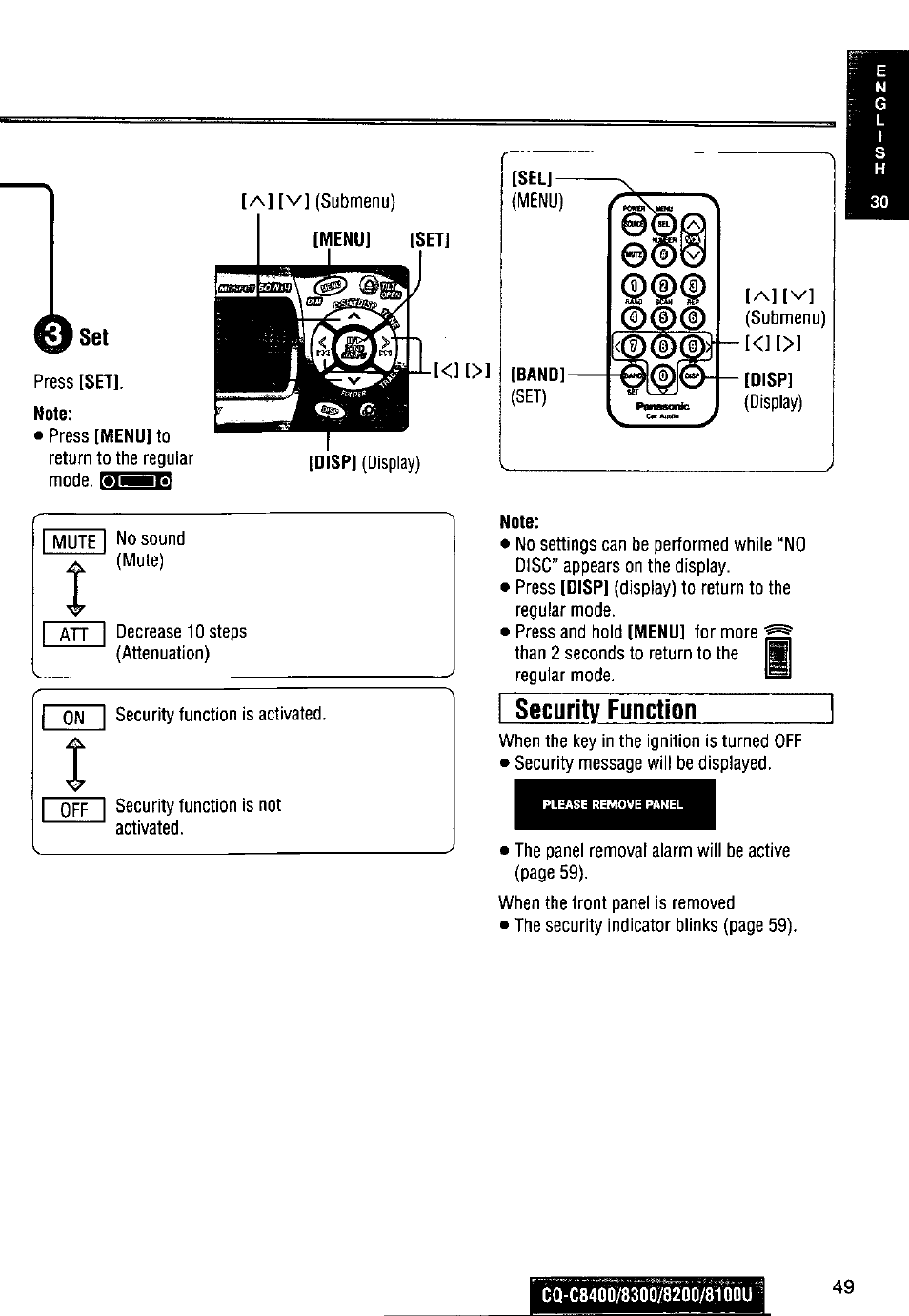 Note, Security function | Panasonic CQ-C8300U User Manual | Page 49 / 176