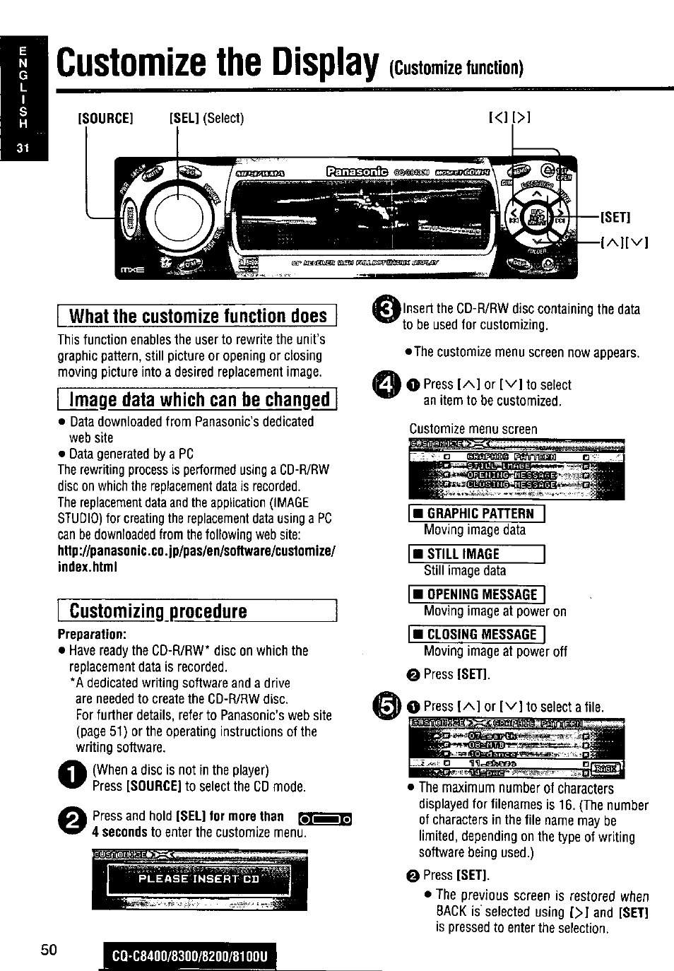 Customize the display (customize function), Customizing procedure, Customize the display | Customize function), What the customize function does, Image data which can be changed | Panasonic CQ-C8300U User Manual | Page 50 / 176