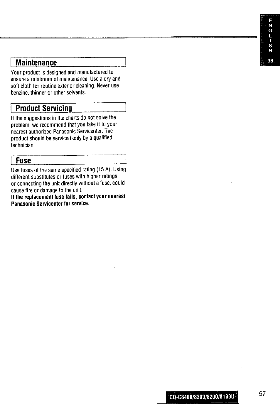 Maintenance, Product servicinn, Fuse | Panasonic CQ-C8300U User Manual | Page 57 / 176