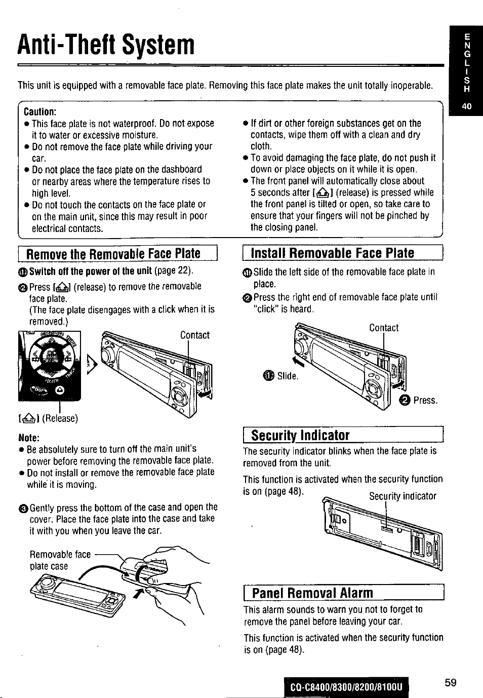 Anti-theft system, Remove the removable face plate, Install removable face plate | Security indicator, Panei removal alarm | Panasonic CQ-C8300U User Manual | Page 59 / 176