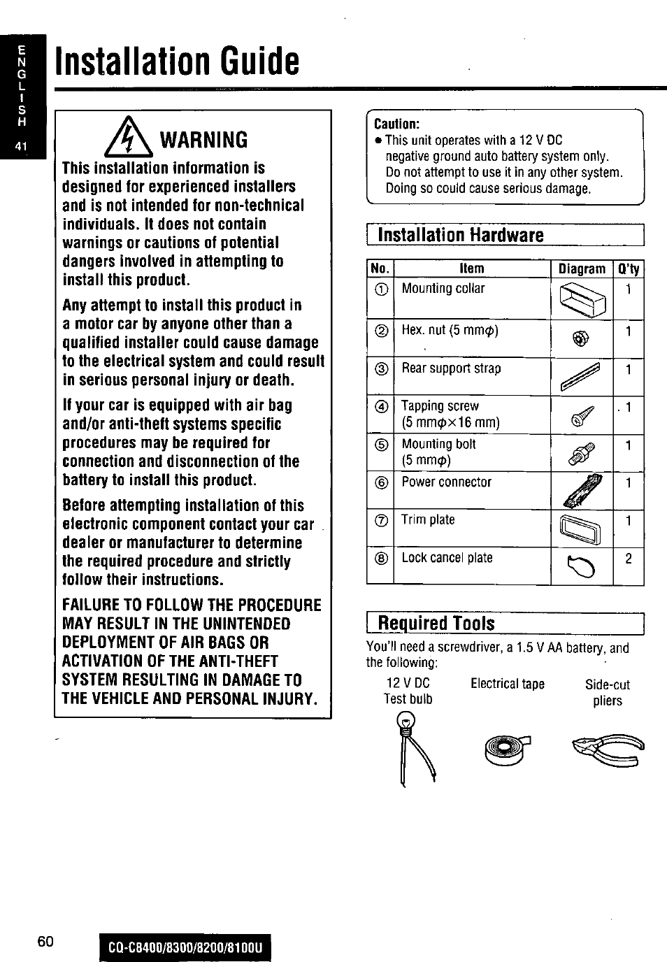Installation guide, Warning | Panasonic CQ-C8300U User Manual | Page 60 / 176
