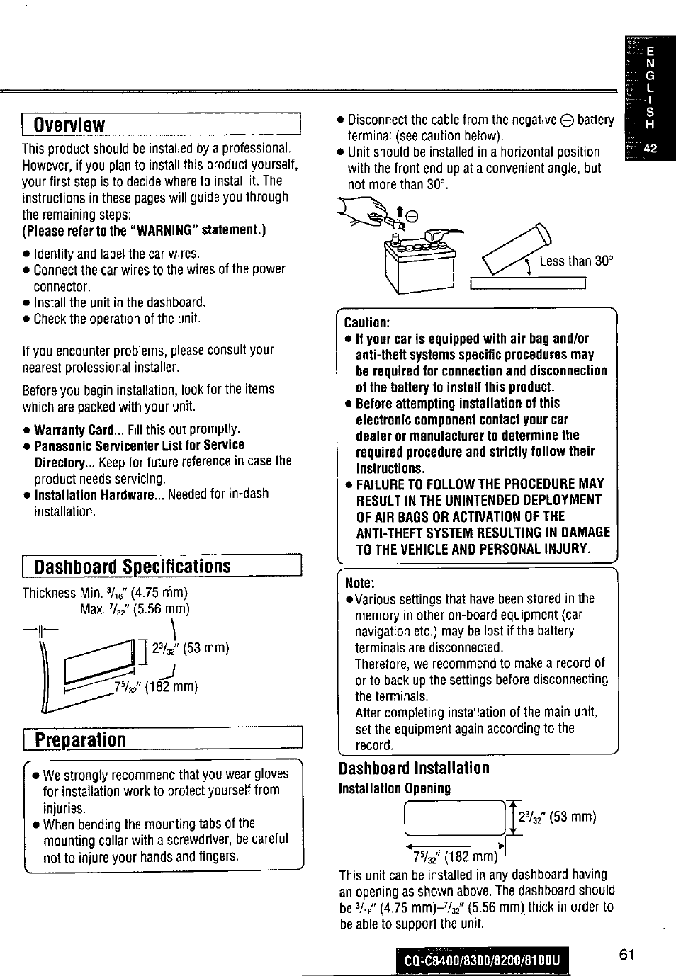 Overview, Dashboard installation, Dashboard specifications | Panasonic CQ-C8300U User Manual | Page 61 / 176