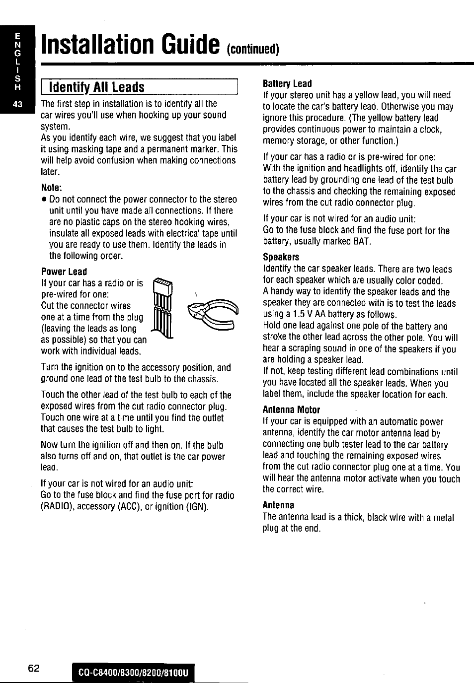 Installation guide, Continued) identity all leads | Panasonic CQ-C8300U User Manual | Page 62 / 176
