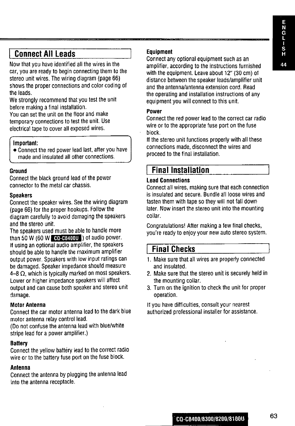 Connect all leads, Final installation, Final checks | Panasonic CQ-C8300U User Manual | Page 63 / 176