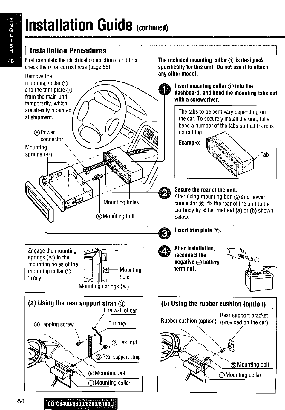 Instaliation procedures, A) using the rear support strap, B) using the rubber cushion (option) | Installation guide, Continued) instaliation procedures | Panasonic CQ-C8300U User Manual | Page 64 / 176