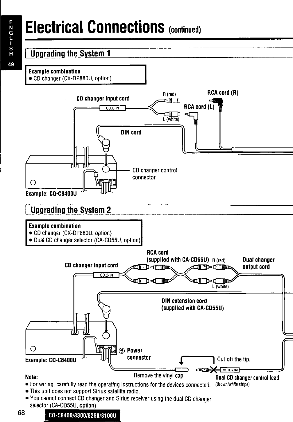 I upnradinq the system 1, Example combination, Electrical connections | Panasonic CQ-C8300U User Manual | Page 68 / 176
