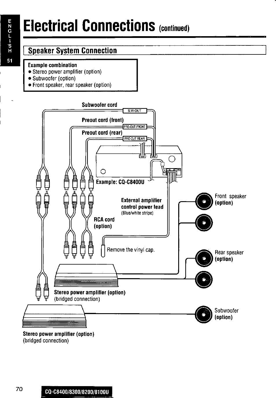 I speaker system connection, Electrical connections, Continued) | Speaker system connection | Panasonic CQ-C8300U User Manual | Page 70 / 176
