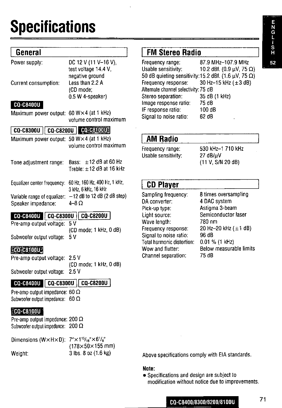 Specifications, General, Fm stereo radio | Am radio, Cd player | Panasonic CQ-C8300U User Manual | Page 71 / 176