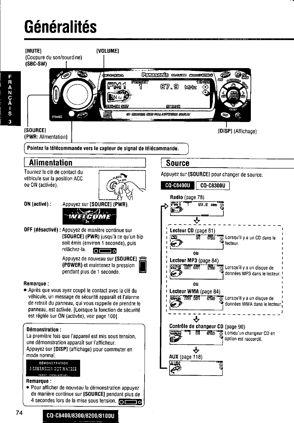 Généralités, Alimentation, Source | Panasonic CQ-C8300U User Manual | Page 74 / 176