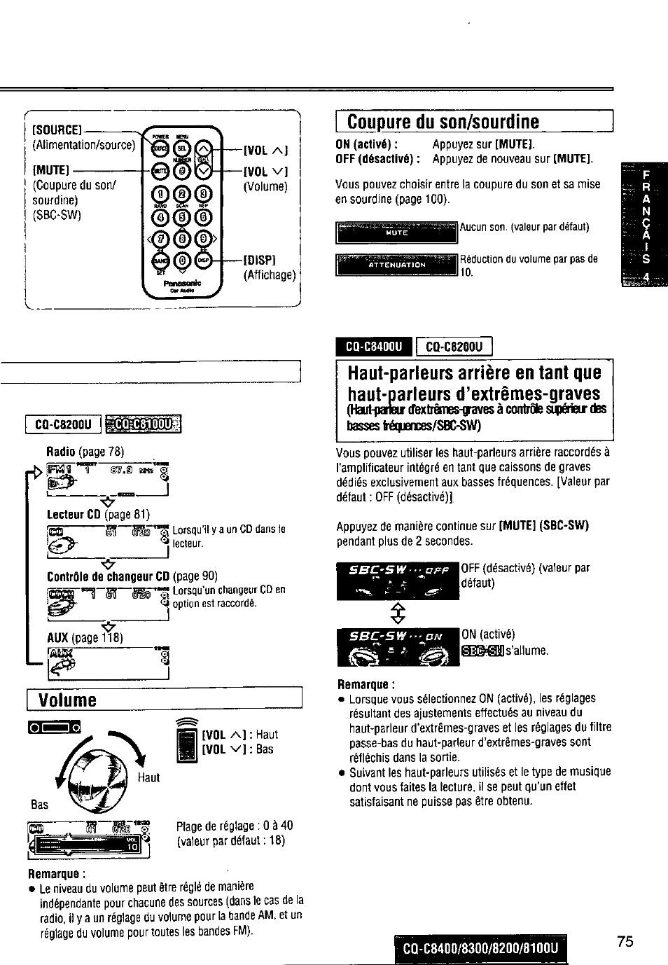 Coupure du son/sourdine, Haut-parleurs arrière en tant que, Volume | Panasonic CQ-C8300U User Manual | Page 75 / 176