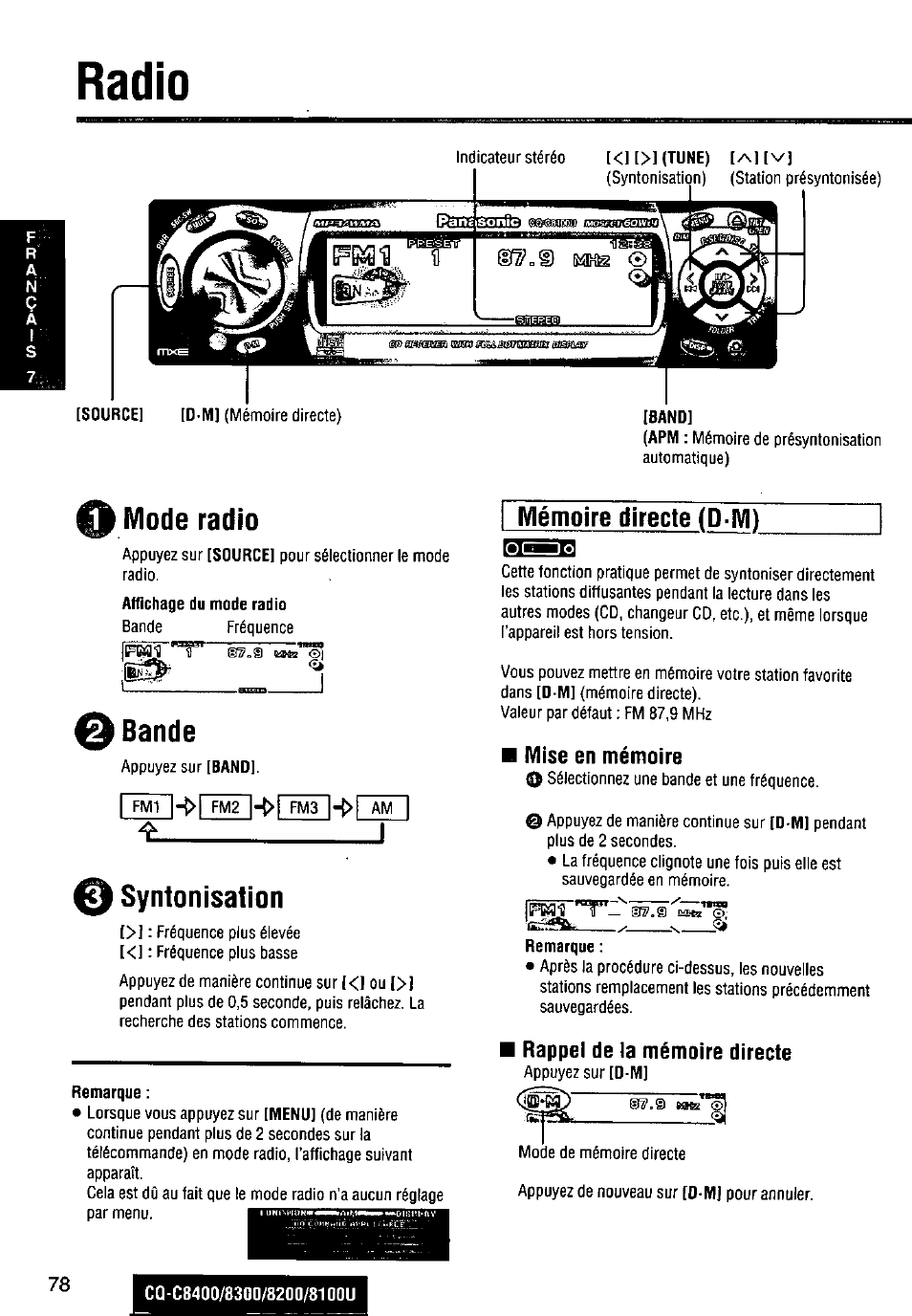Radio, Mode radio, Bande | Syntonisation, Mise en mémoire, Remarque, Rappel de la mémoire directe, I ^ syntonisation, Mémoire directe (d-m) | Panasonic CQ-C8300U User Manual | Page 78 / 176