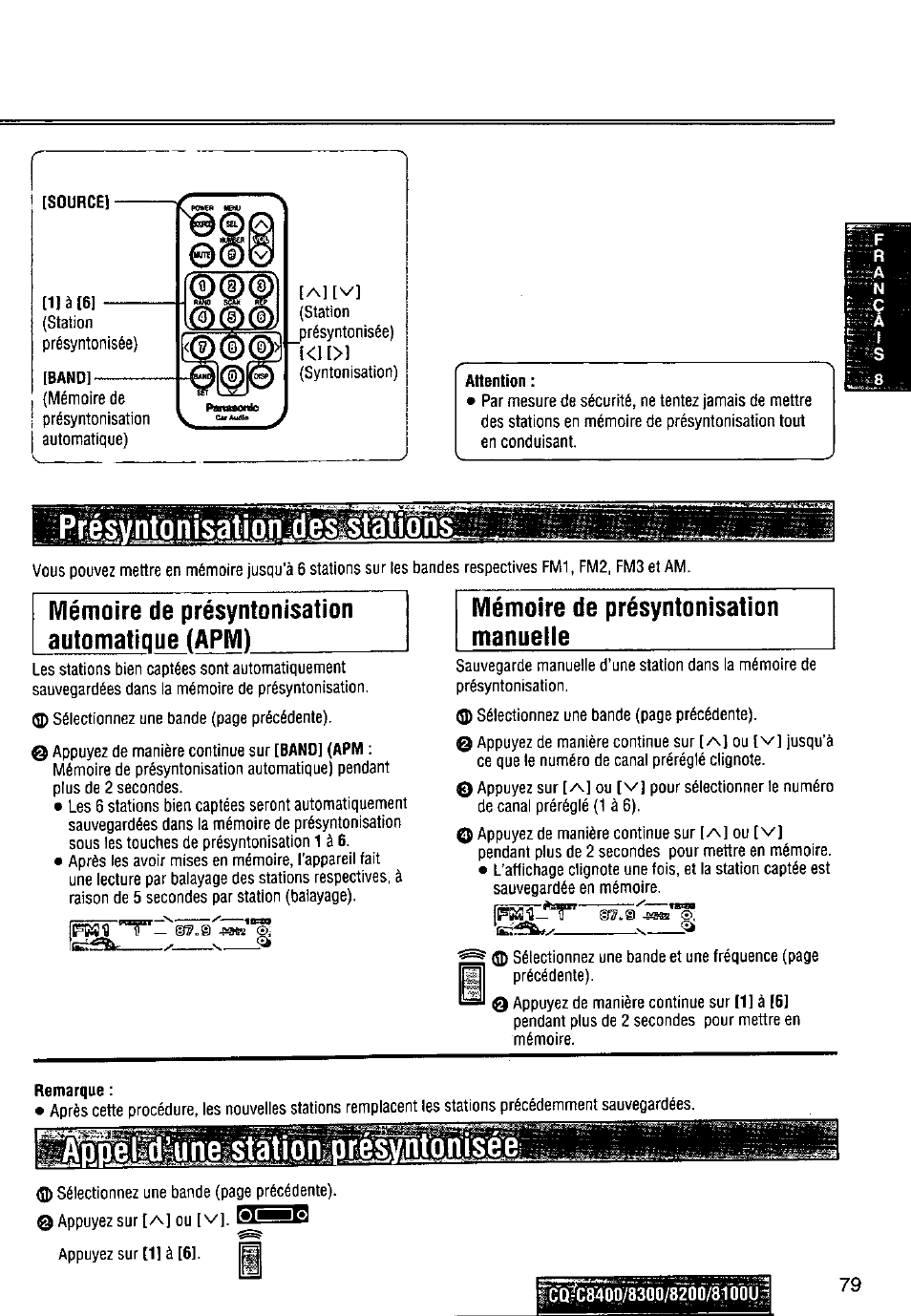 Mémoire de présyntonisation automatique (арм), Mémoire de présyntonisation manuelle | Panasonic CQ-C8300U User Manual | Page 79 / 176
