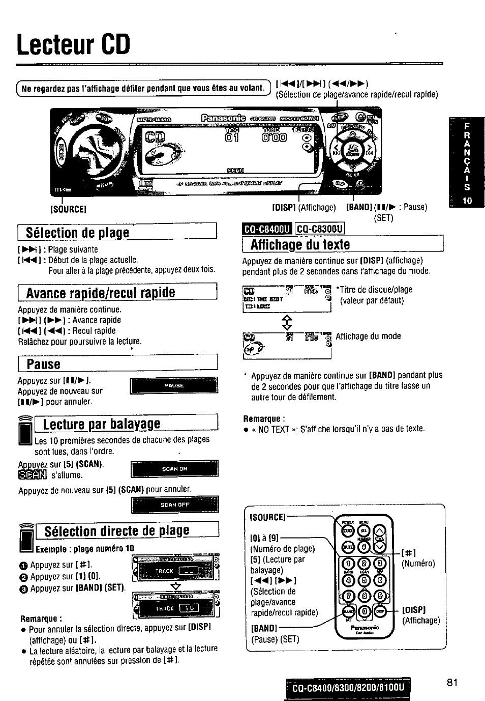 Lecteur cd, Sélection de plage, Avance rapide/recul rapide | Pause, Lecture par balayage, I sélection directe de plage, Remarque, I sélection directe de plage i, Affichage du texte | Panasonic CQ-C8300U User Manual | Page 81 / 176