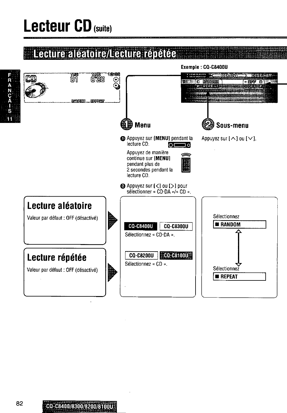 Lecteur cd, Lecture aléatoire/lëcture répétée, Menu | Lecture aléatoire, Lecture répétée, Suite) | Panasonic CQ-C8300U User Manual | Page 82 / 176