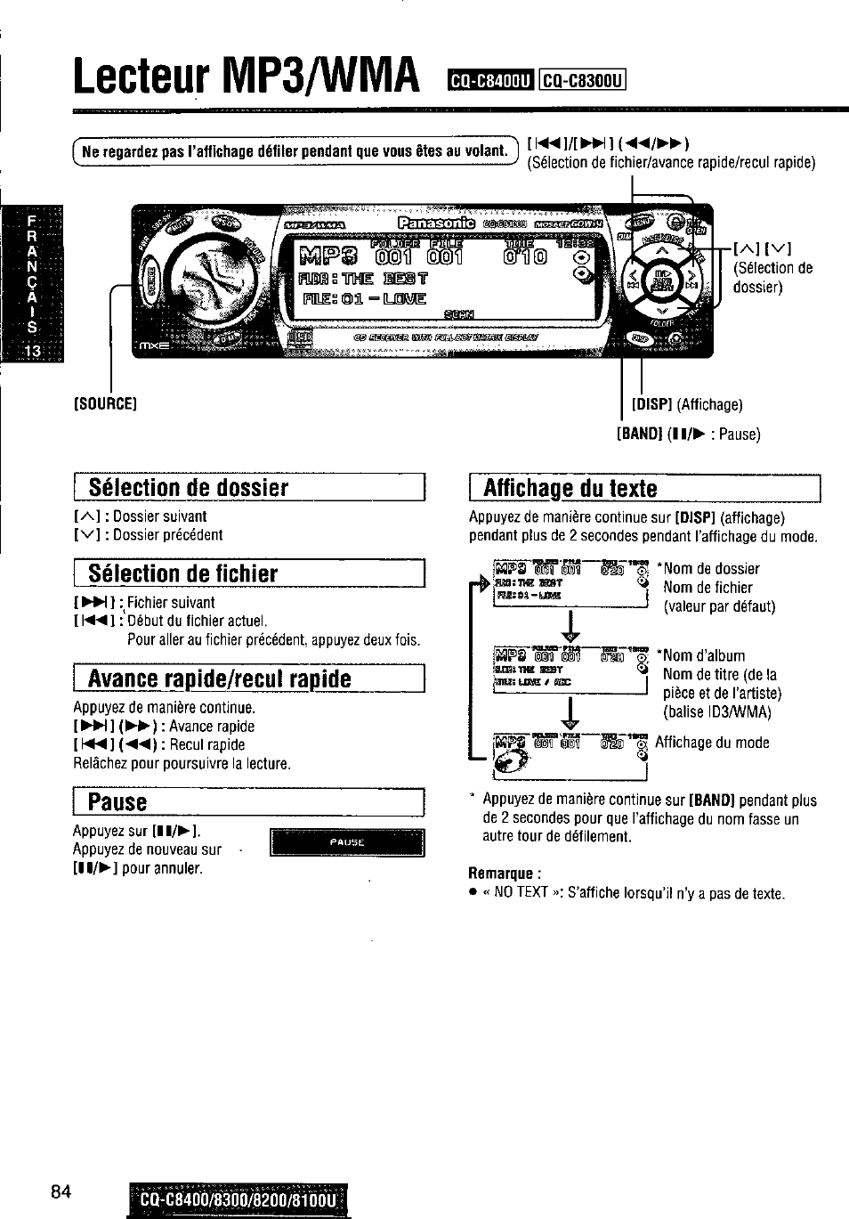 Sélection de dossier, Affichage du texte, Remarque | Lecteur mp3/wivia, Sélection de fichier, Avance rapide/recul rapide, Pause | Panasonic CQ-C8300U User Manual | Page 84 / 176