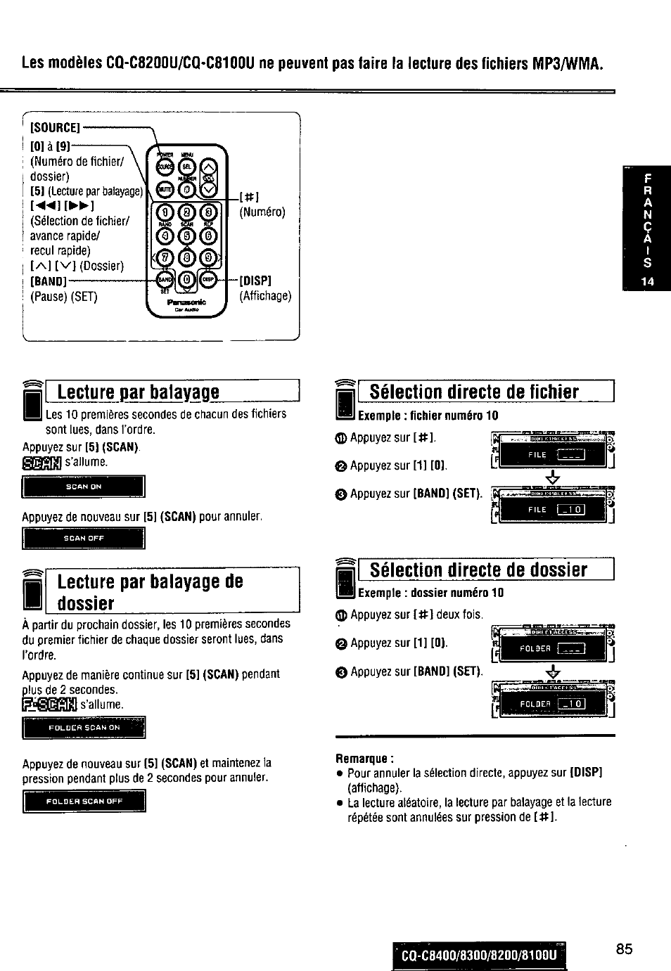 Lecture par balayage, I sélection directe de fichier, Sélection directe de dossier | Lecture par balayage de dossier, I bac | Panasonic CQ-C8300U User Manual | Page 85 / 176