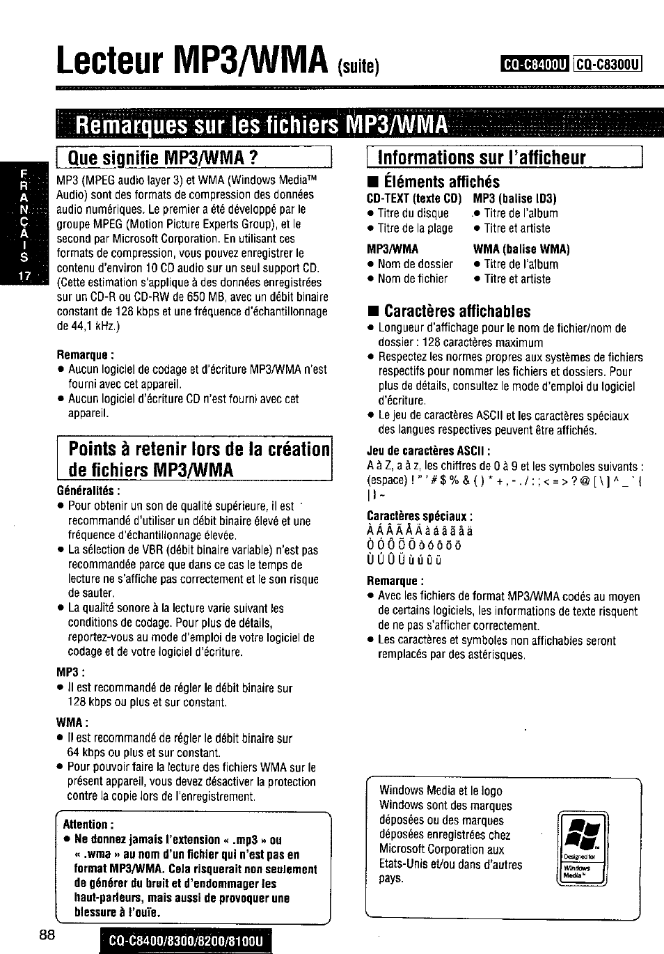 Вшащиез sur ies fichiers m, Que signifie ivip3/wma, Remarque | Attention, Informations sur l’afficheur, Jeu de caractères ascii, Caractères spéciaux, Lecteur mp3/wivia, Suite) | Panasonic CQ-C8300U User Manual | Page 88 / 176