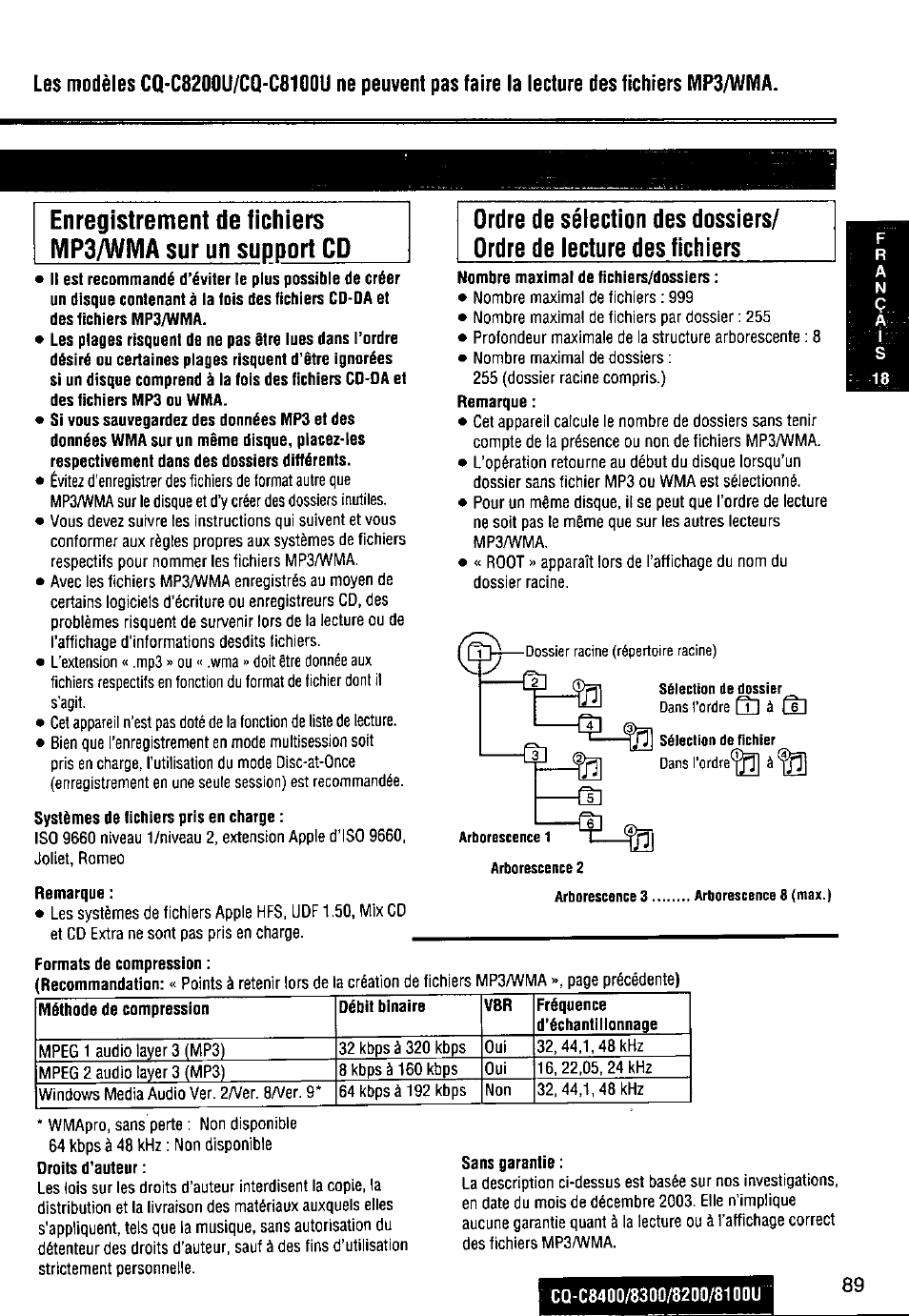 Systèmes de fichiers pris en charge, Remarque, Sans garantie | Panasonic CQ-C8300U User Manual | Page 89 / 176