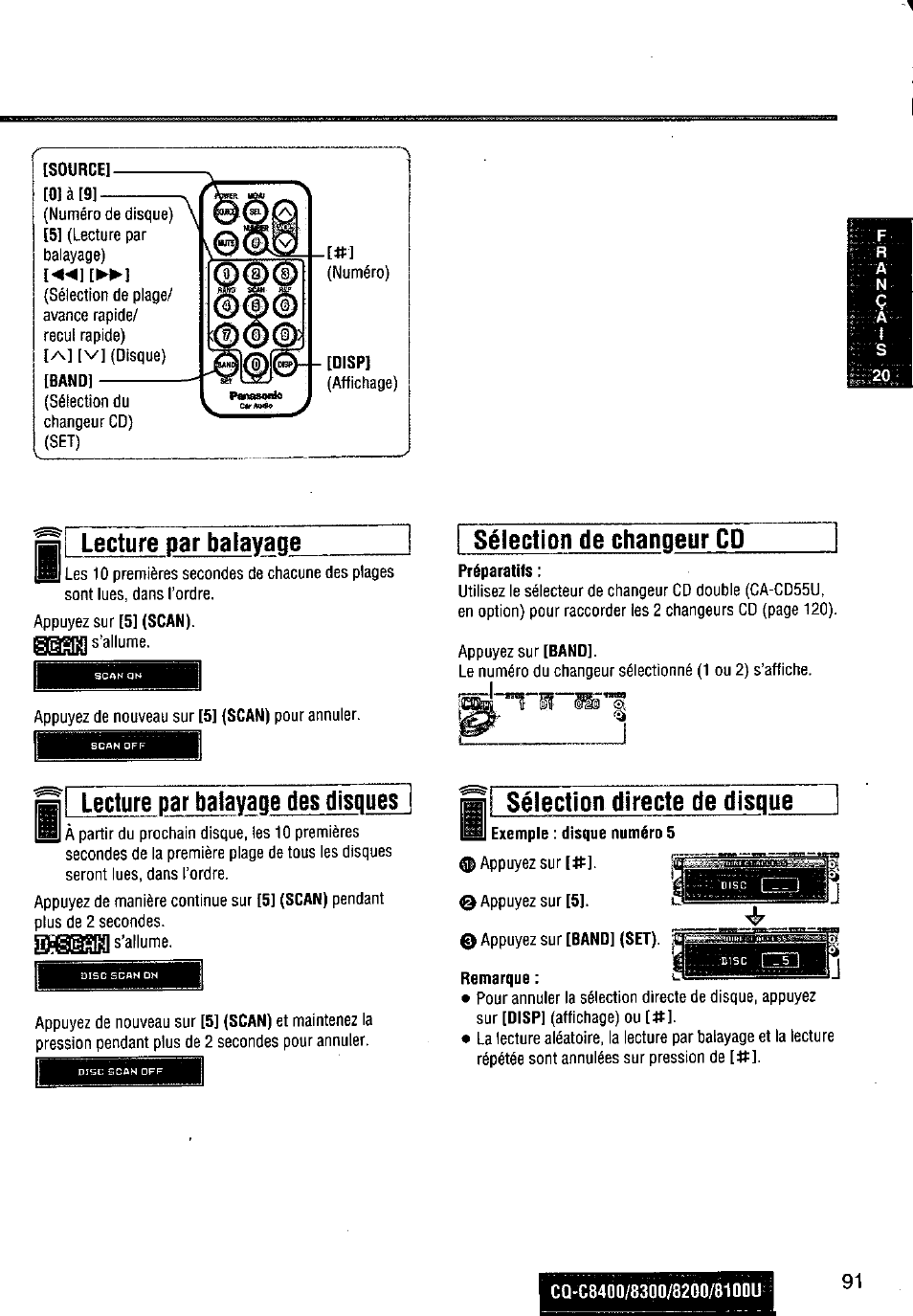Source, Sélection de changeur cd, Lecture par balayage des disques | I sélection directe de disque | Panasonic CQ-C8300U User Manual | Page 91 / 176
