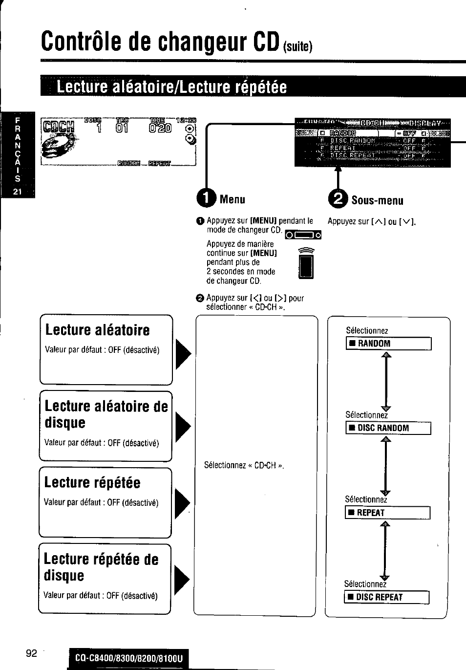 Contrôle de changeur cd, Lecture aléatoire/lecture répétée, Menu | Sous-menu, Lecture aléatoire, Lecture aléatoire de disque, Lecture répétée, Lecture répétée de disque, Suite) | Panasonic CQ-C8300U User Manual | Page 92 / 176