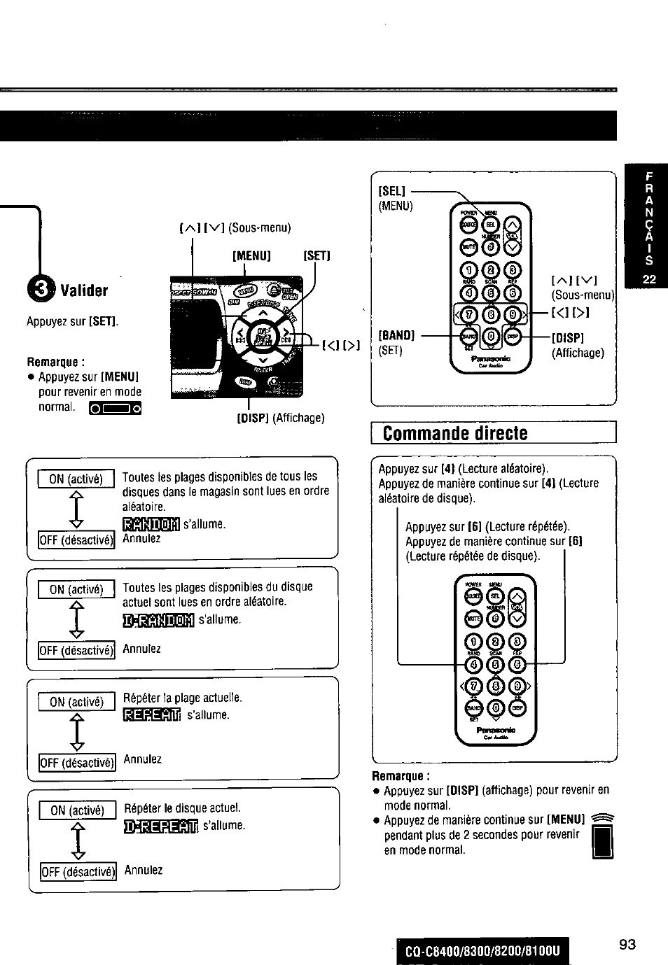 Valider, Commande directe | Panasonic CQ-C8300U User Manual | Page 93 / 176