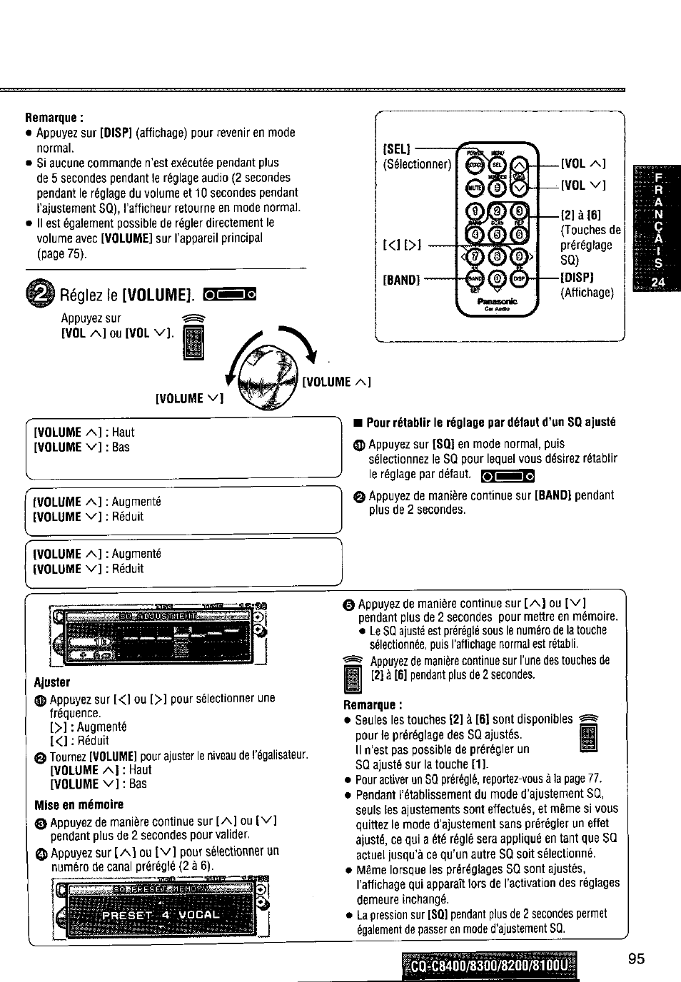Remarque, Réglez le [volume, Pour rétablir le réglage par défaut d’un sq ajusté | Ajuster | Panasonic CQ-C8300U User Manual | Page 95 / 176