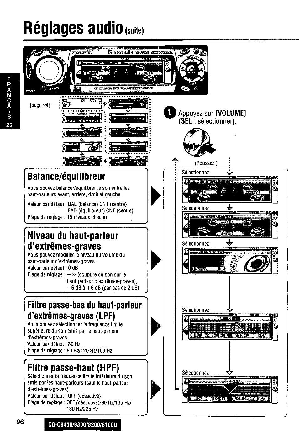 Niveau du haut-parleur d’extrêmes-graves, Filtre passe-haut (hpf), Réglages audio | Panasonic CQ-C8300U User Manual | Page 96 / 176