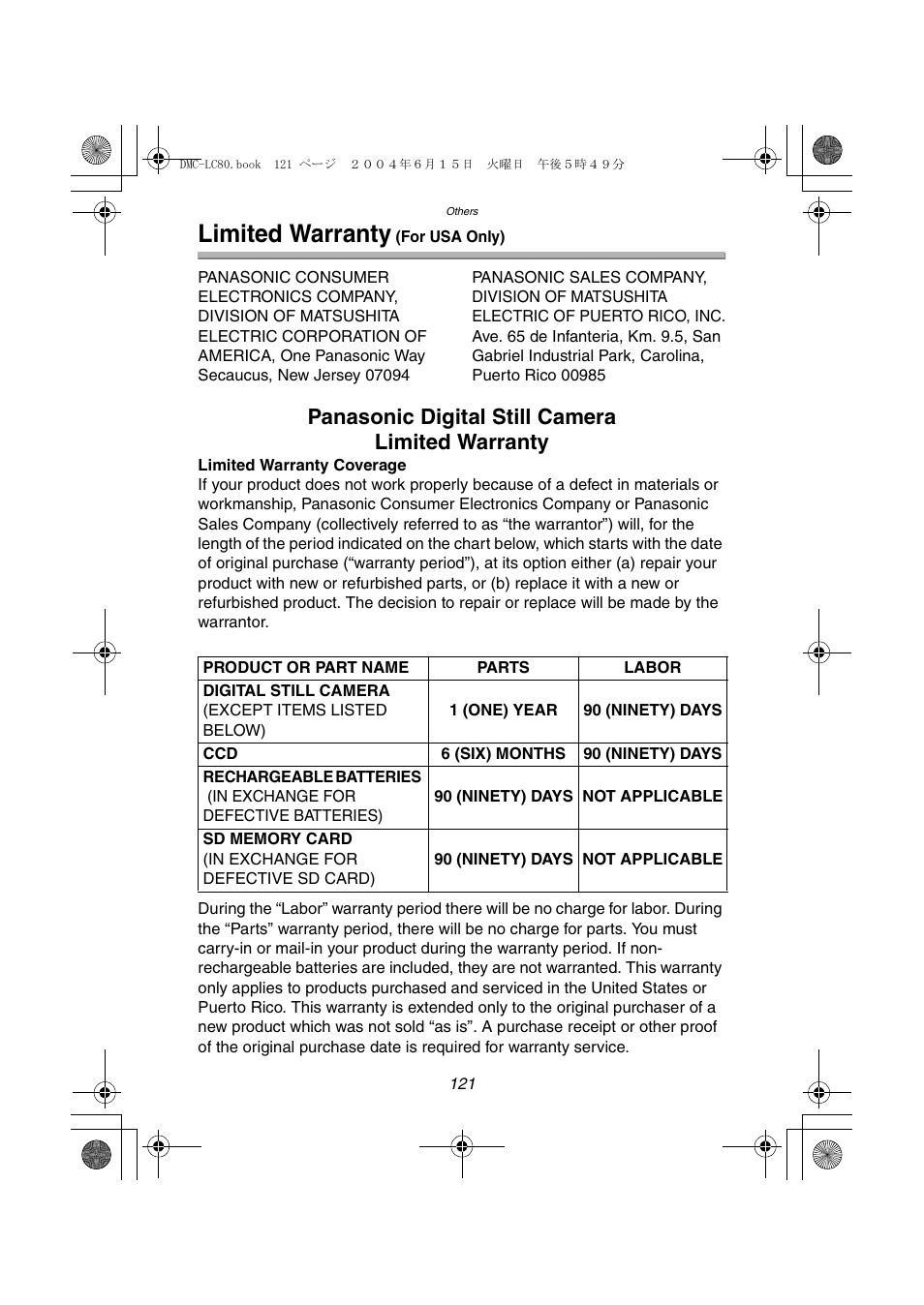 Limited warranty (for usa only), Limited warranty, Panasonic digital still camera limited warranty | Panasonic DMC-LC70PP User Manual | Page 121 / 128