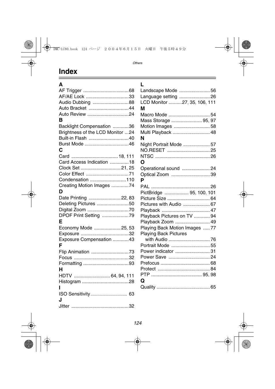 Index | Panasonic DMC-LC70PP User Manual | Page 124 / 128