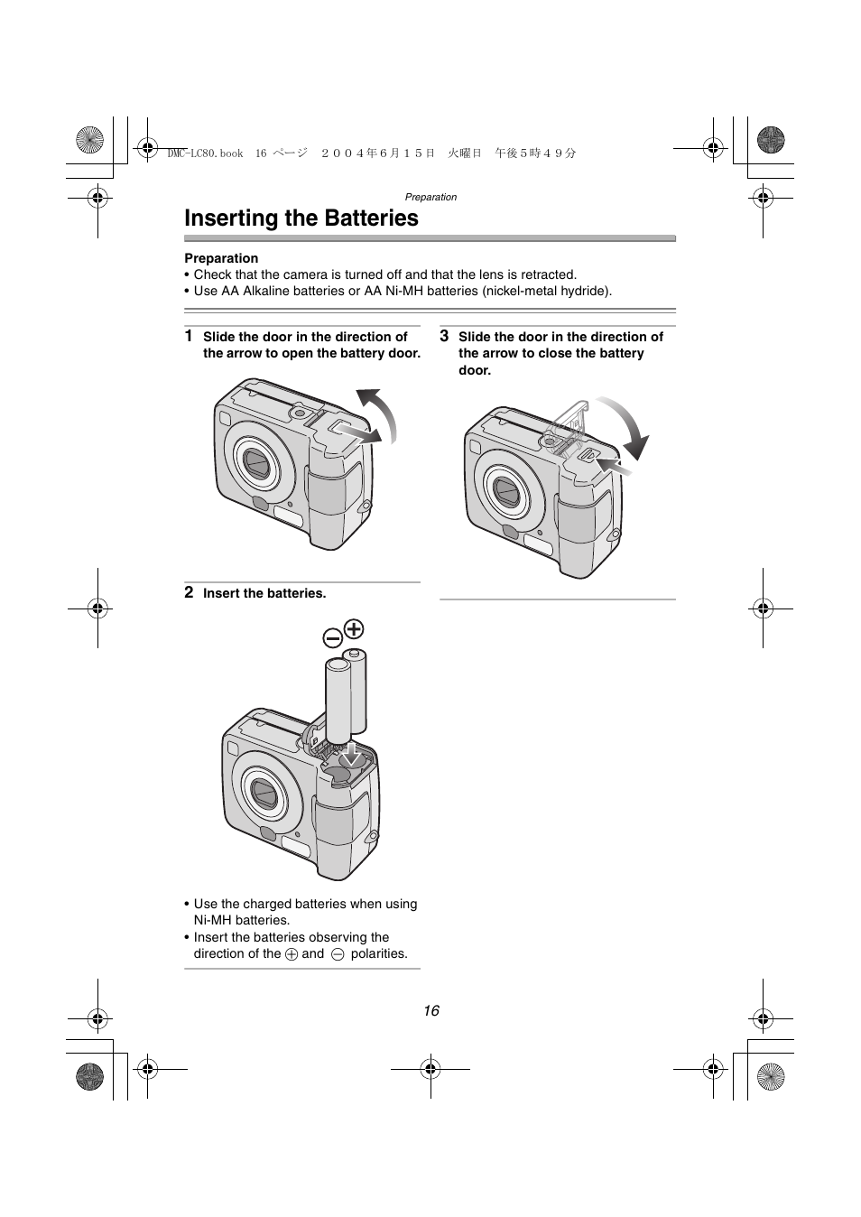 Inserting the batteries | Panasonic DMC-LC70PP User Manual | Page 16 / 128