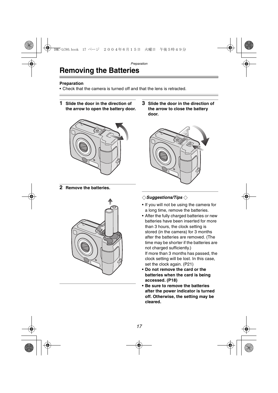 Removing the batteries | Panasonic DMC-LC70PP User Manual | Page 17 / 128