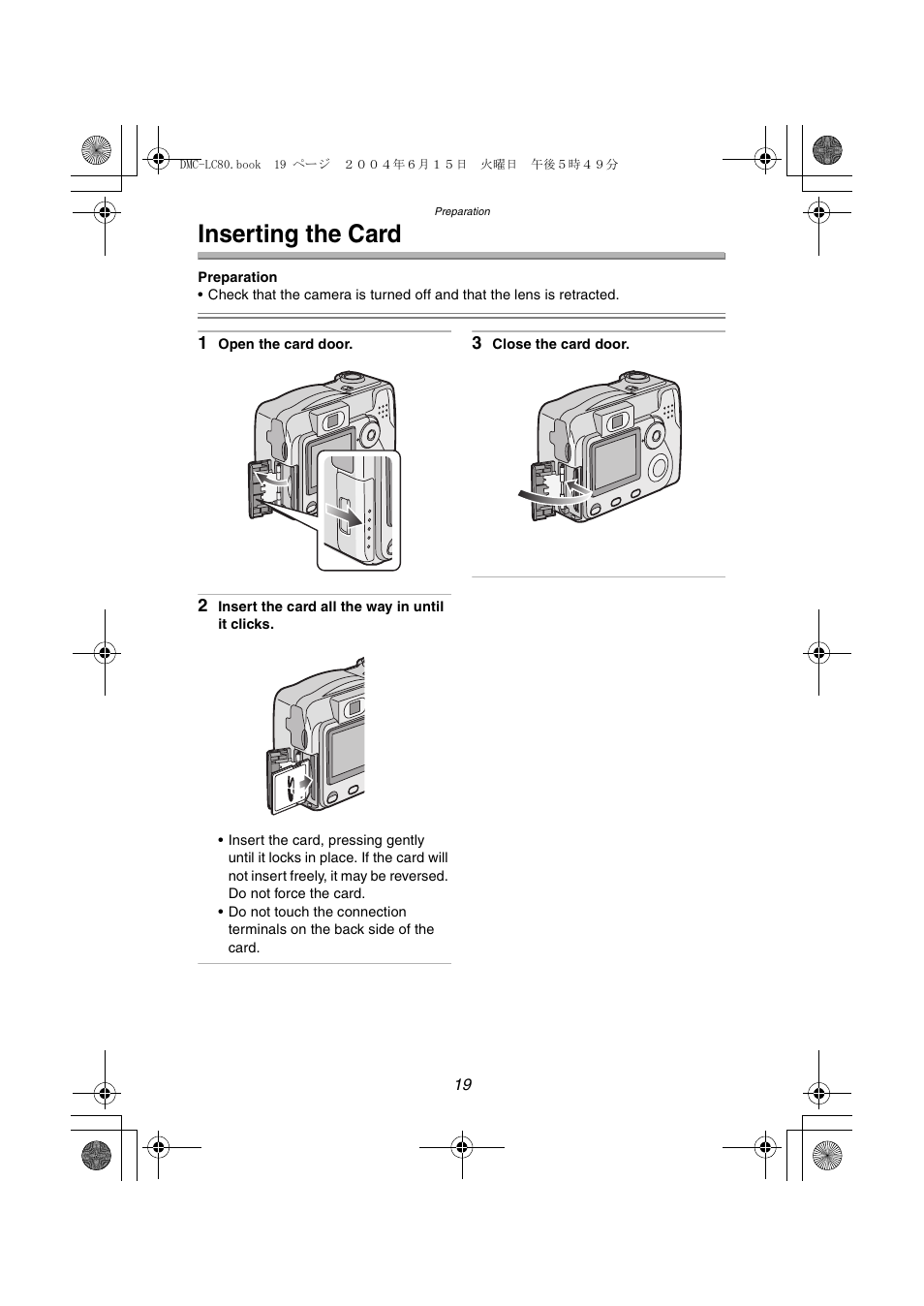 Inserting the card | Panasonic DMC-LC70PP User Manual | Page 19 / 128