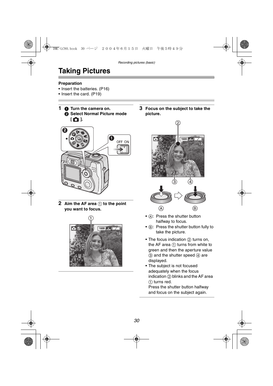Recording pictures (basic), Taking pictures | Panasonic DMC-LC70PP User Manual | Page 30 / 128