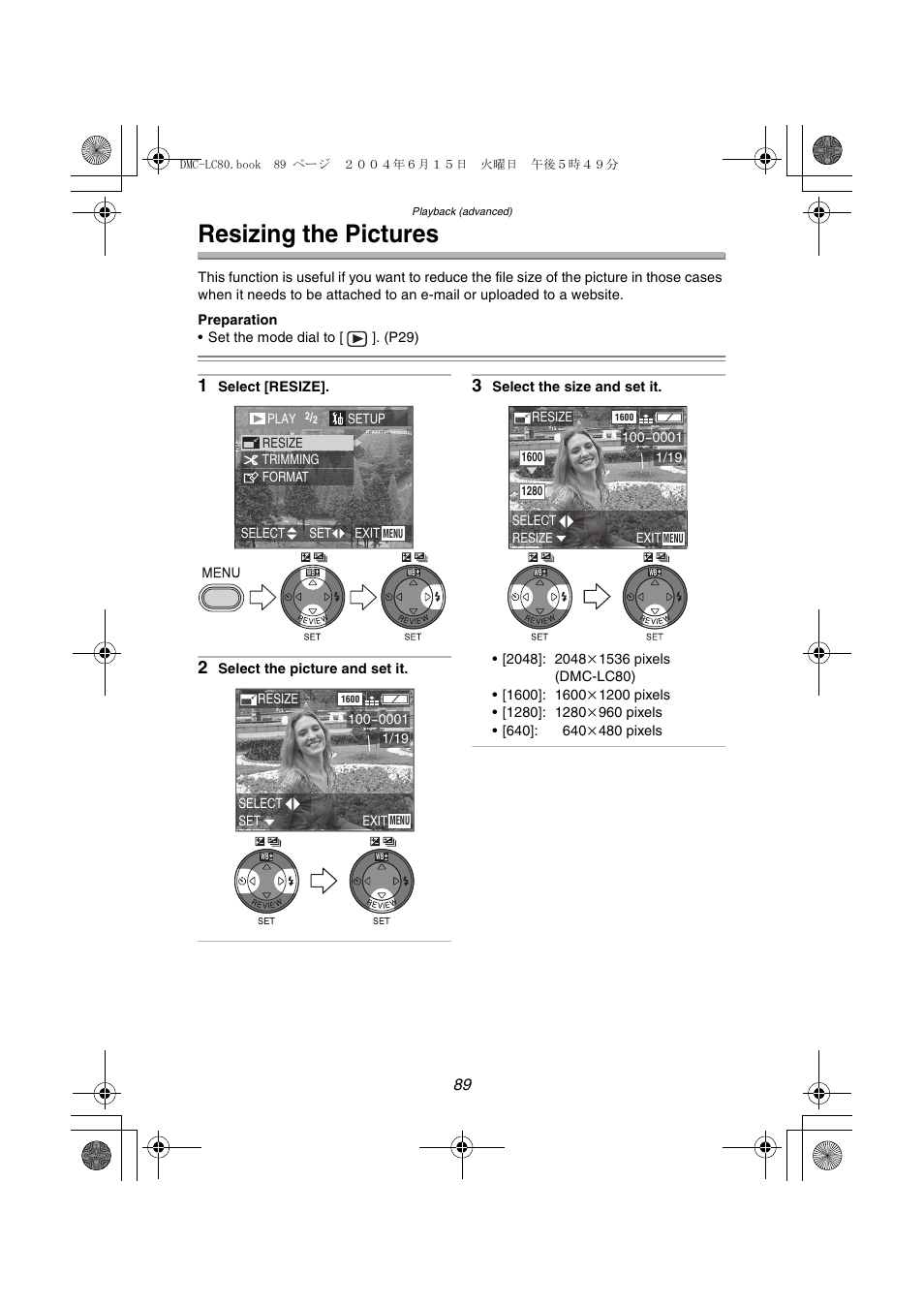 Resizing the pictures | Panasonic DMC-LC70PP User Manual | Page 89 / 128