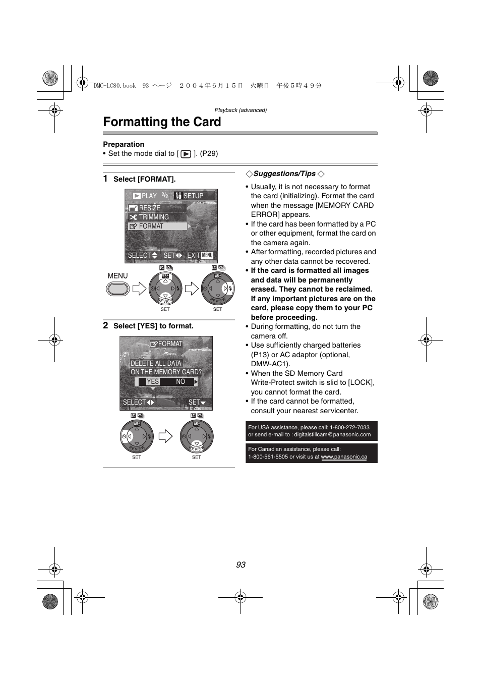 Formatting the card | Panasonic DMC-LC70PP User Manual | Page 93 / 128
