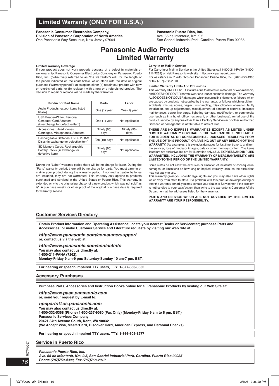 Limited warranty (only for u.s.a.), Panasonic audio products limited warranty, 16 limited warranty (only for u.s.a.) | Panasonic SCPM533 User Manual | Page 16 / 24