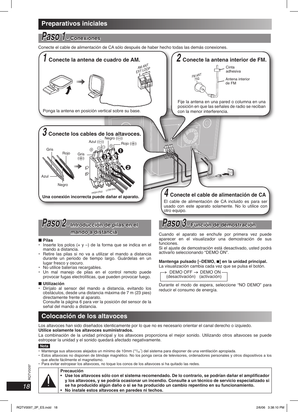 Espanol, Preparativos iniciales, Colocacion de los altavoces | Paso paso 11, Paso paso 2 2, Paso paso 33, Colocación de los altavoces | Panasonic SCPM533 User Manual | Page 18 / 24