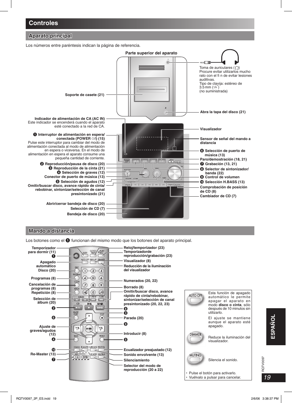 Controles, Esp añol english english, Aparato principal | Mando a distancia | Panasonic SCPM533 User Manual | Page 19 / 24