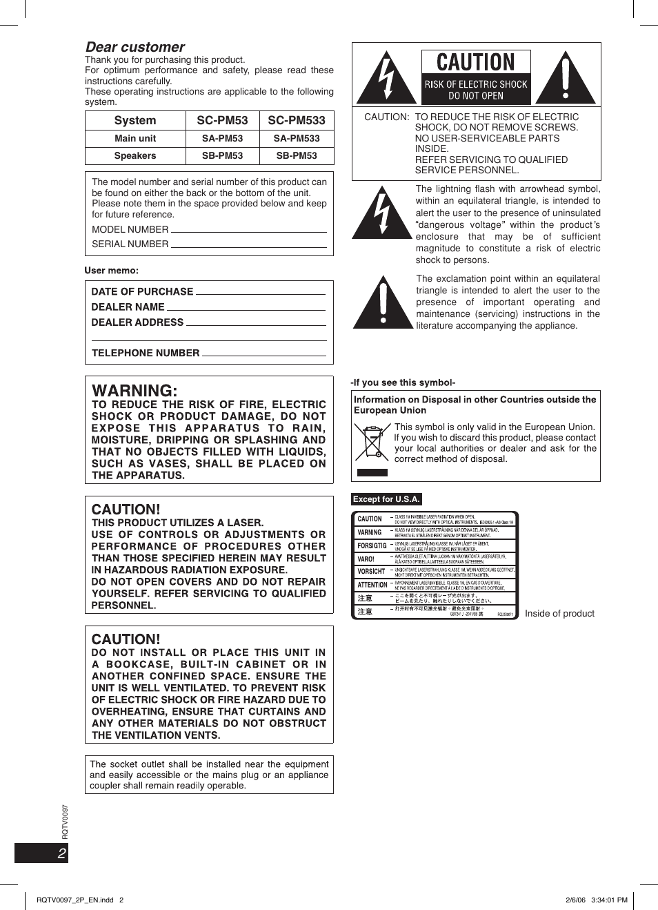 Dear customer | Panasonic SCPM533 User Manual | Page 2 / 24