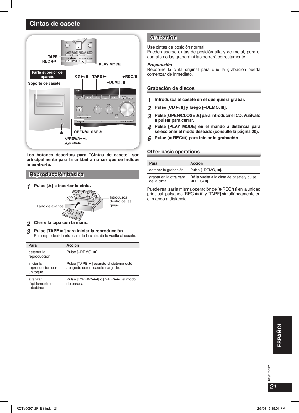 Cintas de casete, Esp añol english english, Reproducción básica | Grabación | Panasonic SCPM533 User Manual | Page 21 / 24