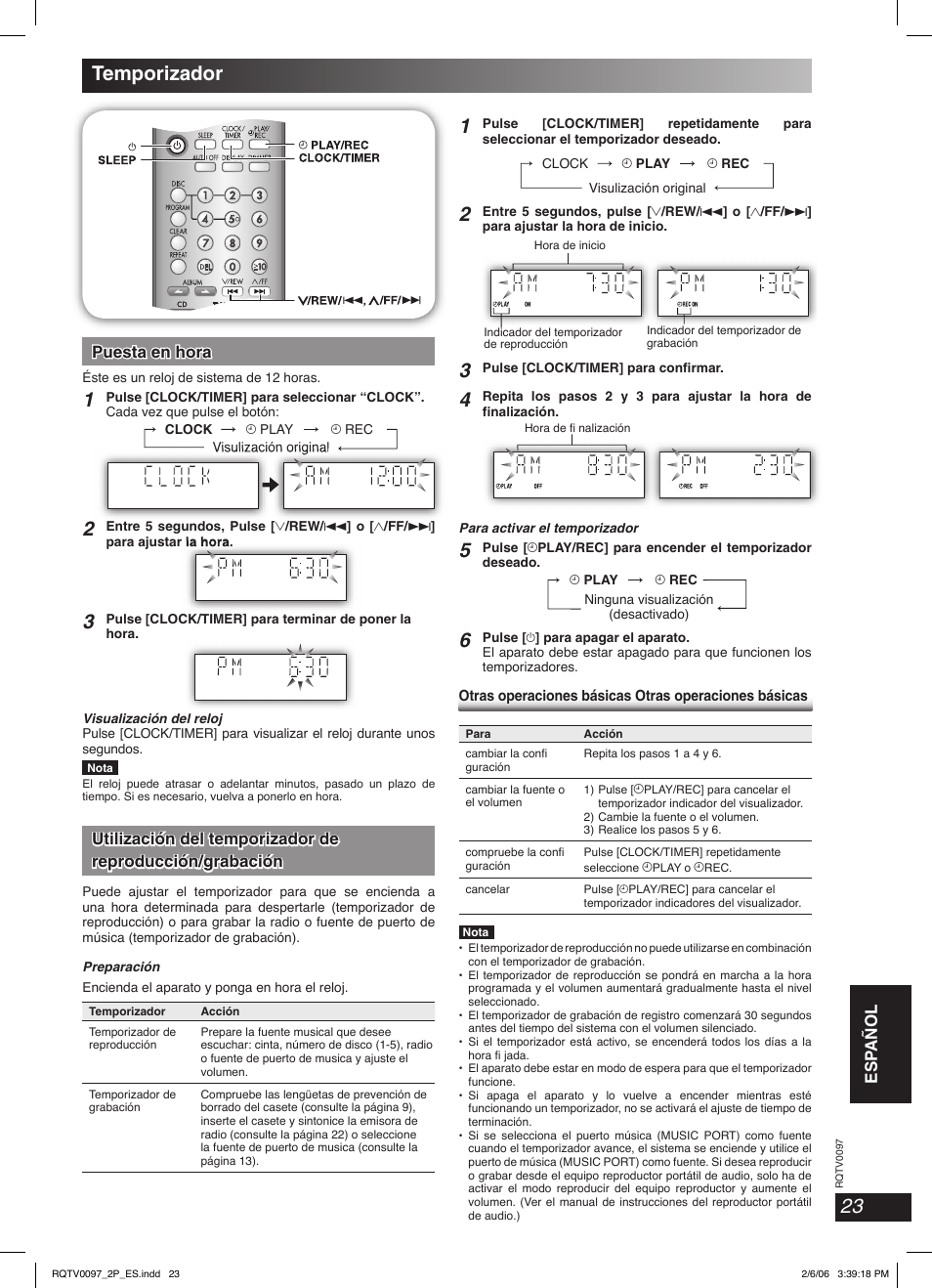Temporizador, Esp añol english english, Puesta en hora | Panasonic SCPM533 User Manual | Page 23 / 24