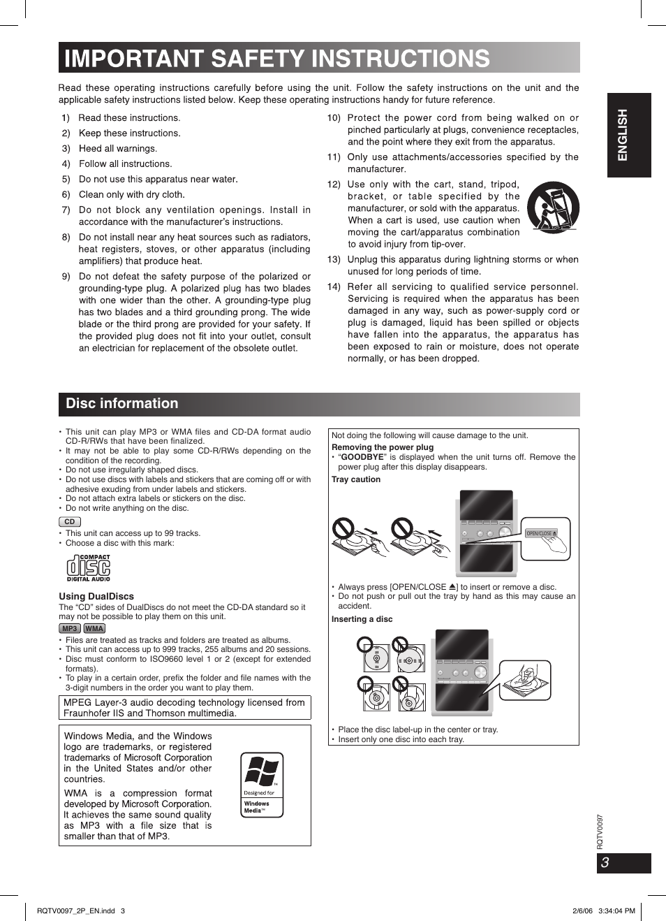 Important safety instructions, Disc information, English english english | Panasonic SCPM533 User Manual | Page 3 / 24