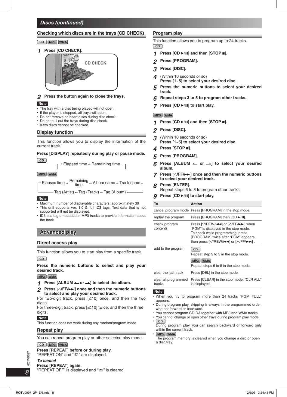 Discs (continued), Advanced play | Panasonic SCPM533 User Manual | Page 8 / 24