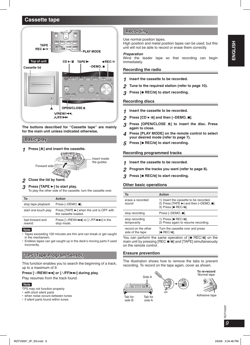 Cassette tape, English english english, Basic play | Tps (tape program sensor), Recording | Panasonic SCPM533 User Manual | Page 9 / 24