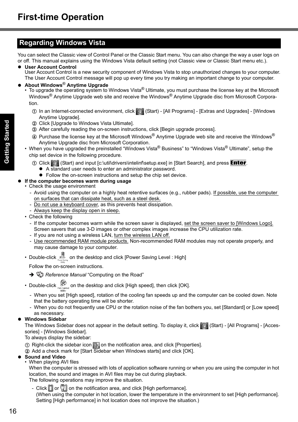 First-time operation, Regarding windows vista | Panasonic CF-Y7 series User Manual | Page 16 / 44