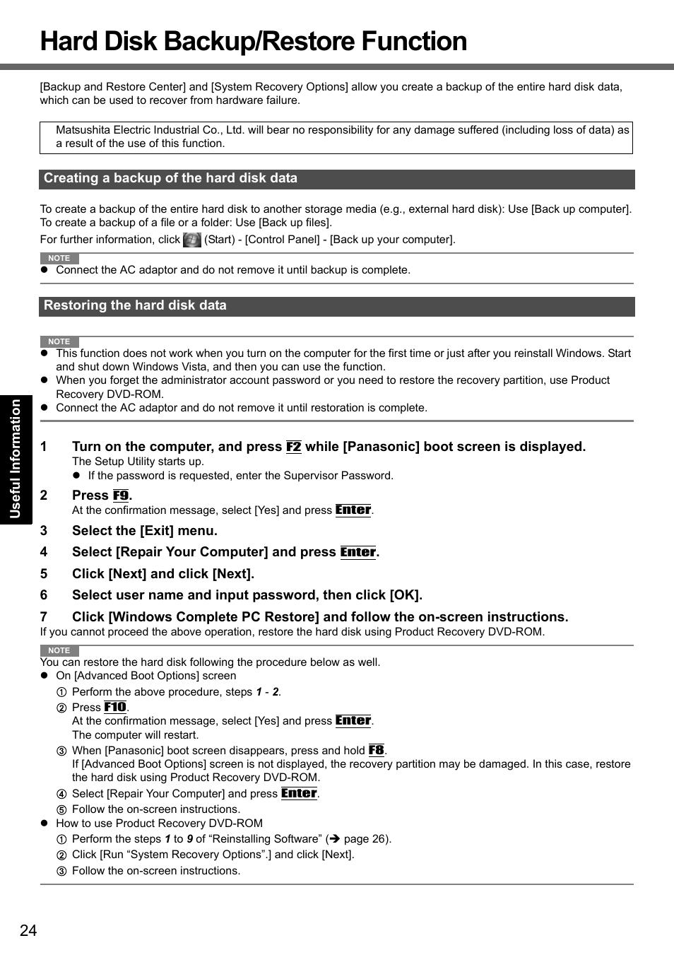 Hard disk backup/restore function | Panasonic CF-Y7 series User Manual | Page 24 / 44