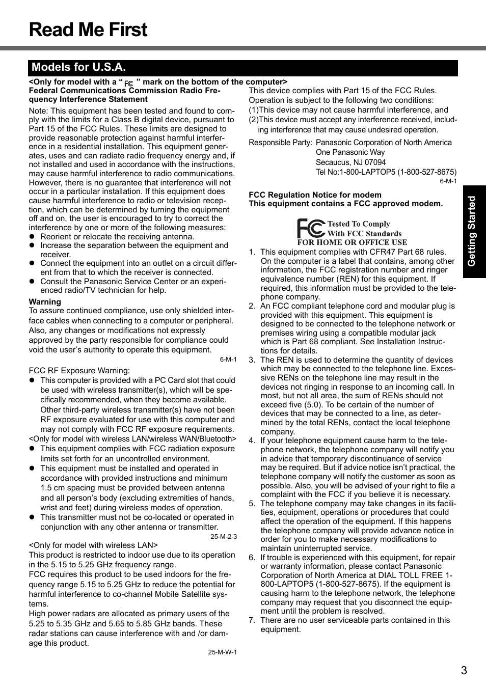 Read me first, Models for u.s.a | Panasonic CF-Y7 series User Manual | Page 3 / 44