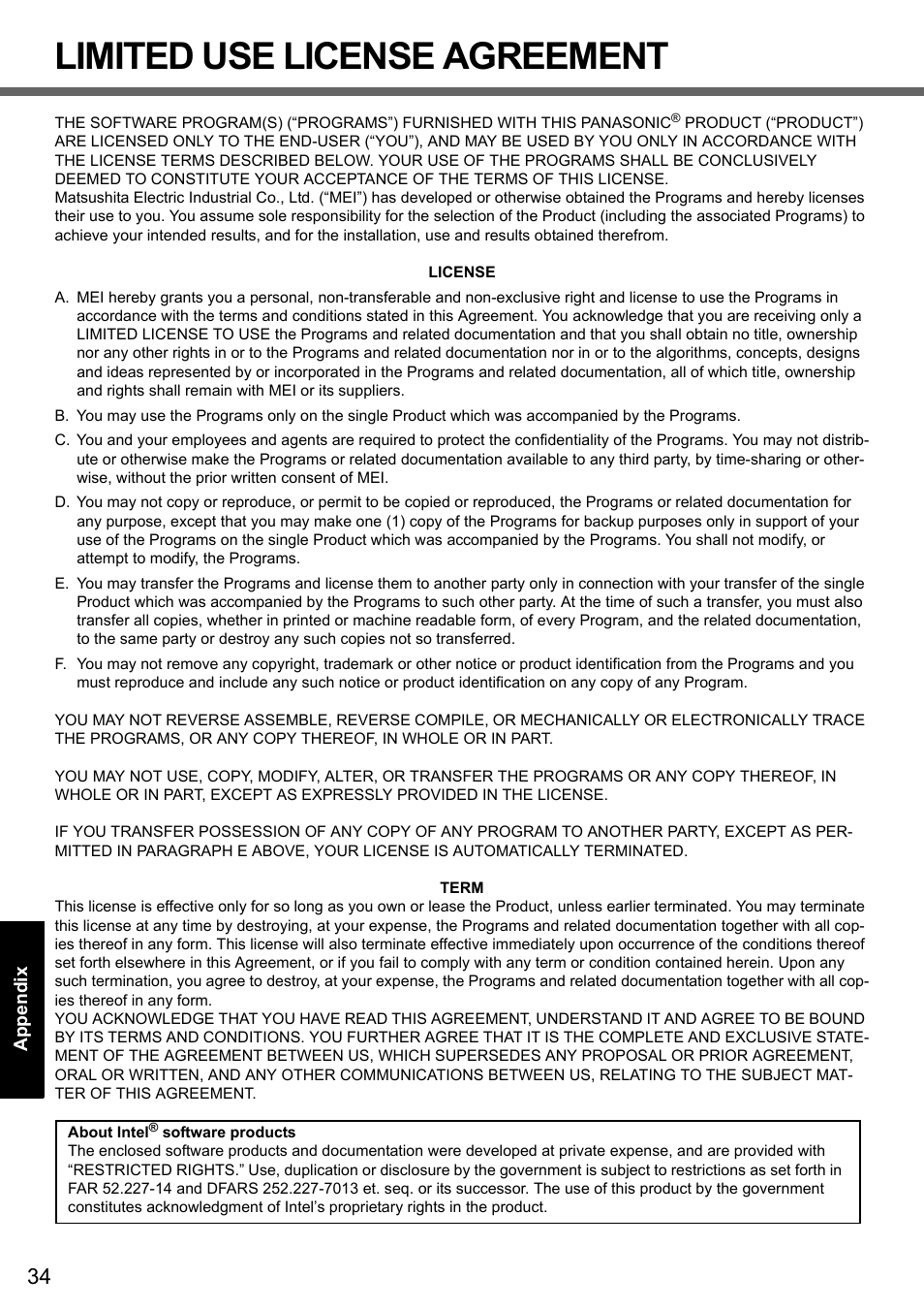 Limited use license agreement | Panasonic CF-Y7 series User Manual | Page 34 / 44